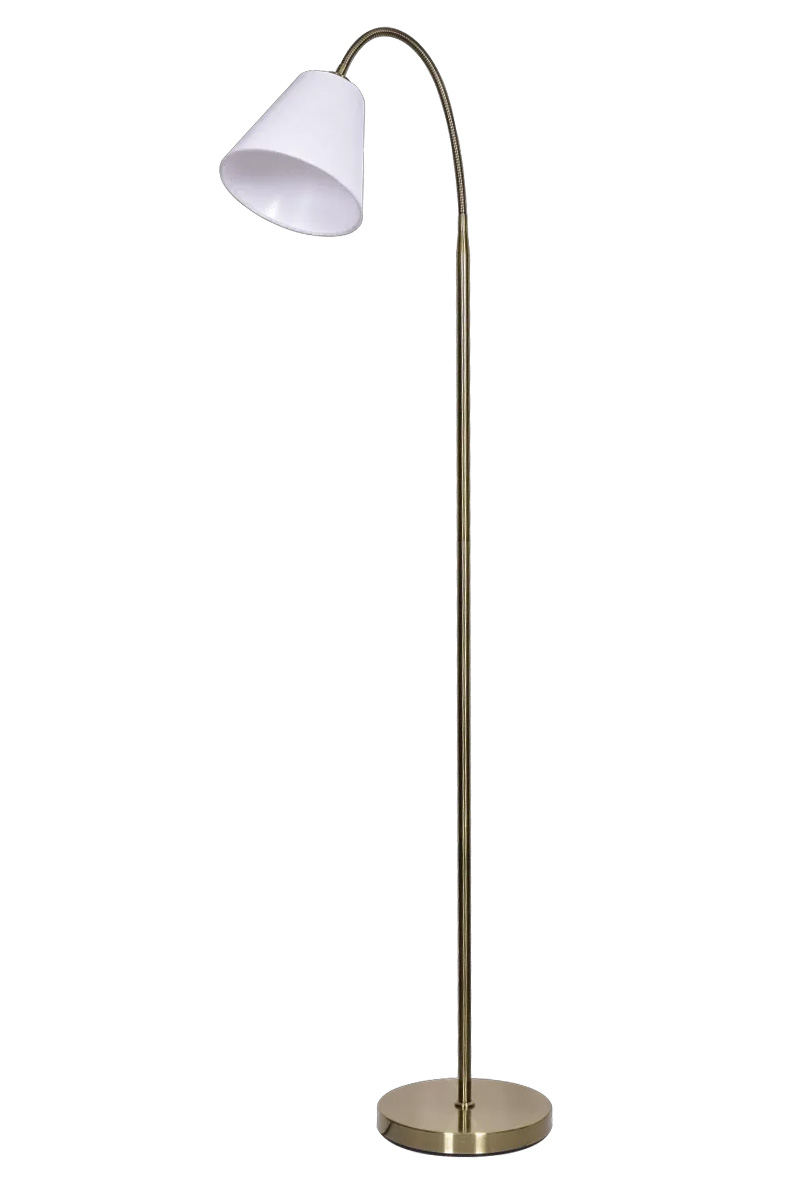 Uno Antikk messing gulvlampe Fra Lampan - Den hvite linskjermen sprer et mykt og behagelig lys og er perfekt som leselampe ved sofaen eller som stemningsbelysning p&aring; soverommet.
