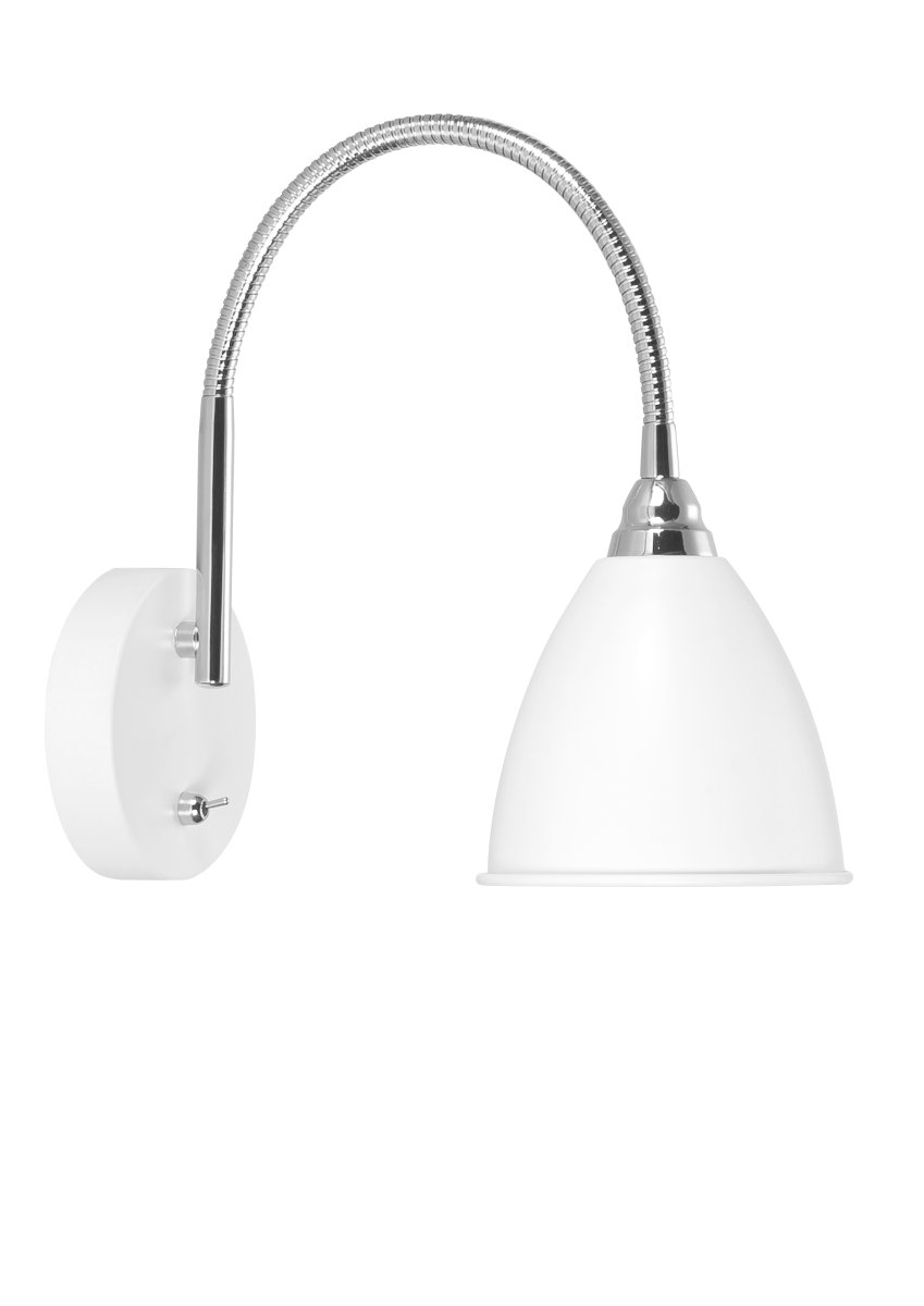 Smögen Hvit Fra Armaturhantverk - Denne moderne vegglampen kombinerer en stilig hvit skjerm med kromdetaljer for en elegant og funksjonell design.