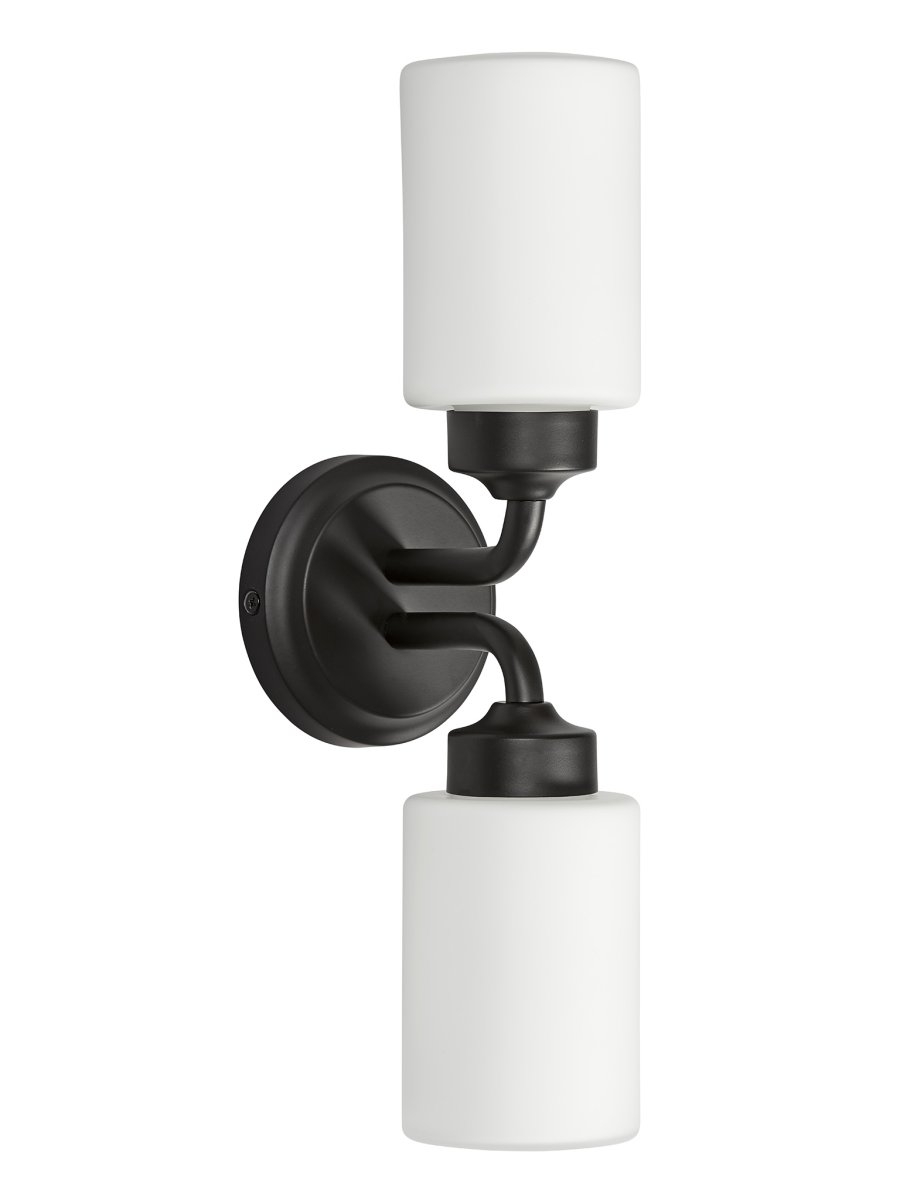 Zoom bilde av Boda 36cm Svart baderomslampe Fra Armaturhantverk - Med sine sorte detaljer og hvite glasskupler sprer den et mykt og behagelig lys som er perfekt for speilbelysning eller generell belysning.