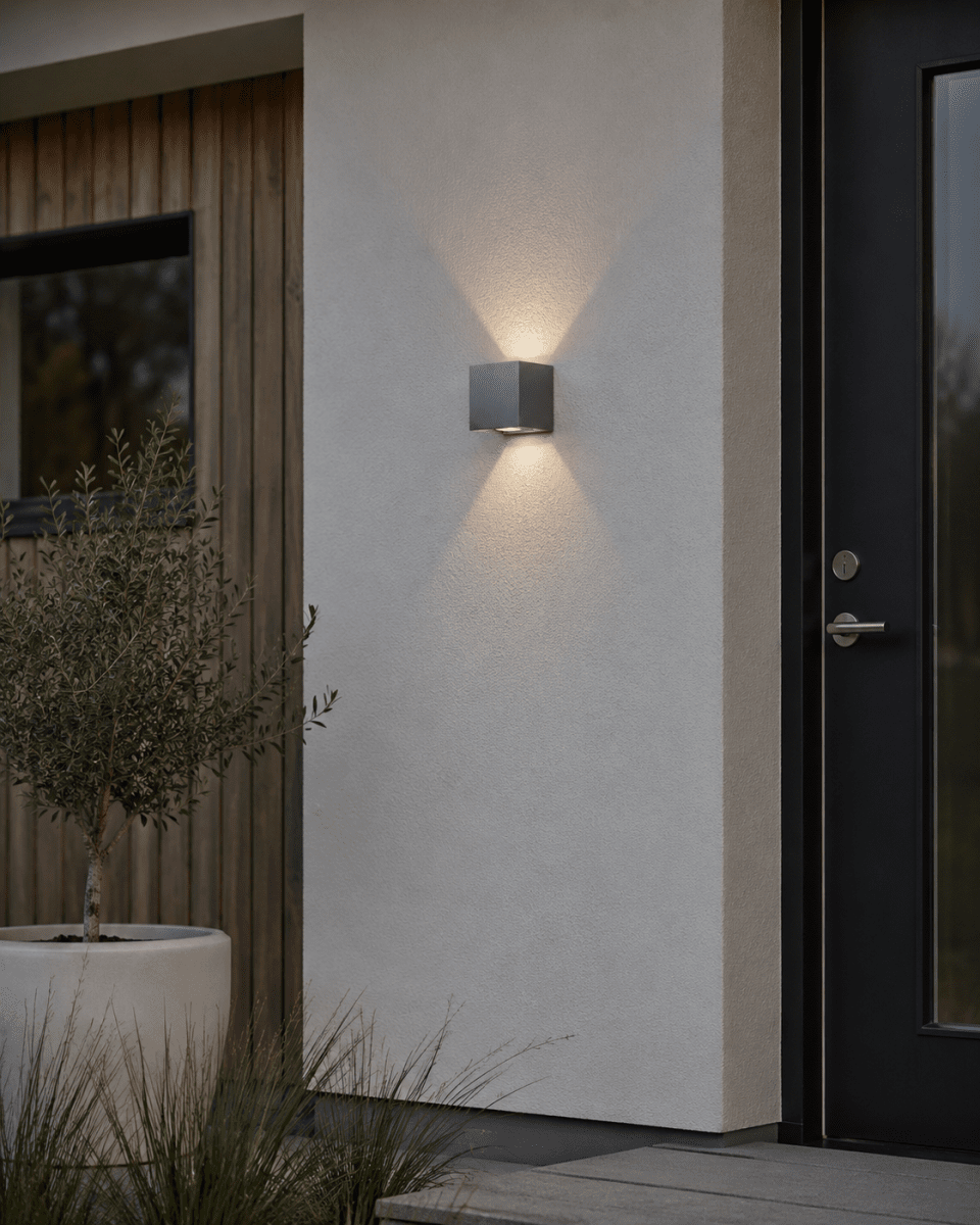 Alu Box 12cm Aluminium vegglampe Fra Lampan - Det unike designet skaper et vakkert opp- og nedlys som faller mykt mot veggen og gir rommet en hyggelig og innbydende atmosf&aelig;re.