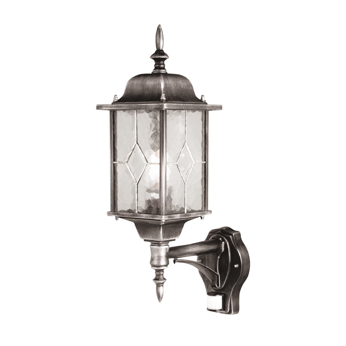 Wexford Sølv utendørslampe Fra Elstead Lighting - Lampen er utstyrt med en praktisk bevegelsessensor som automatisk slår på lyset når det er bevegelse innenfor en avstand på 1–8 meter og en deteksjonsvinkel på 120 grader.