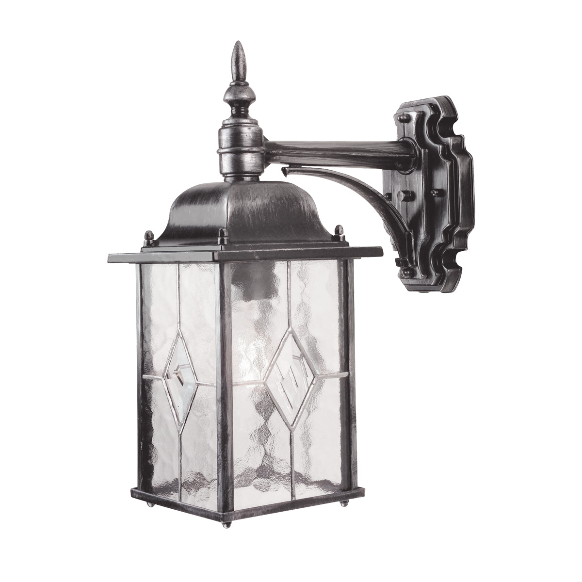 Wexford Sølv utendørslampe Fra Elstead Lighting - Wexford er en klassisk vegglampe for utendørs bruk, laget av aluminium med en elegant finish i mørk sølv og dekorative glasspartier med blyglassmønster.