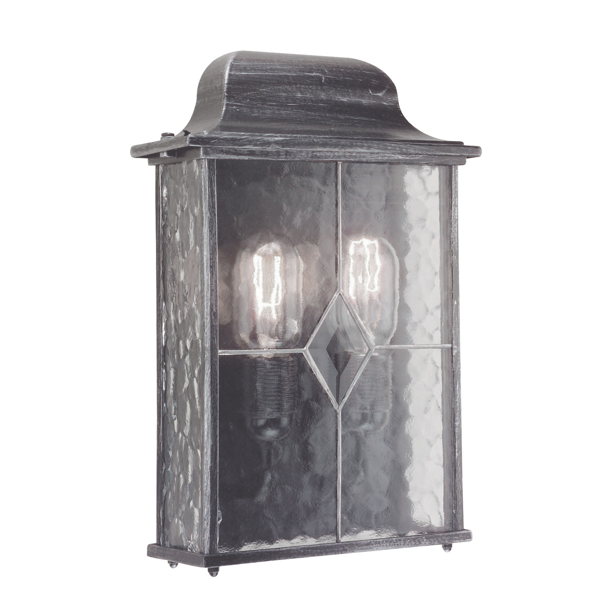 Wexford Sølv utendørslampe Fra Elstead Lighting - Wexford er en klassisk utendørs vegglampe, laget av aluminium med en elegant mørk sølvfinish og dekorative glasspaneler med blyglassmønster.