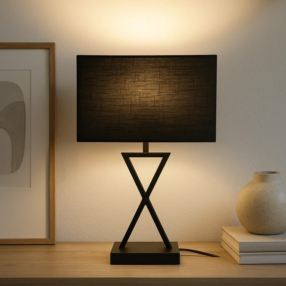 X-factor 54cm Svart bordlampe Fra Nordic Lighting - X-factor bordlampe kombinerer en moderne geometrisk metallbase i en elegant svart finish med en svart linskjerm.